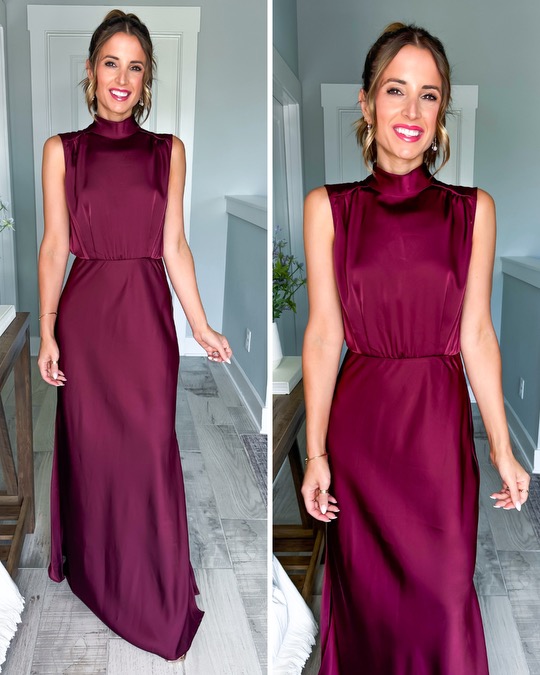 women wearing wine colored satin dress