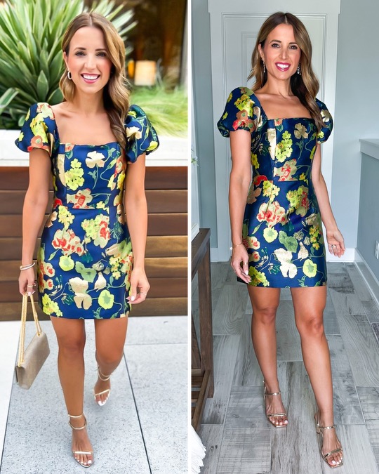 woman wearing blue floral mini dress