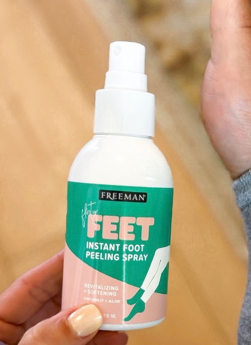 Close up of Freeman instant foot peeling spray bottle as part of unsexy self-care things