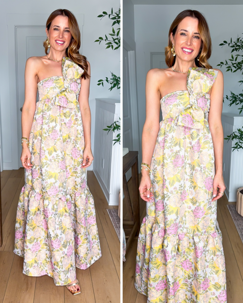 woman wearing floral pink and yellow bow front formal maxi dress I am 