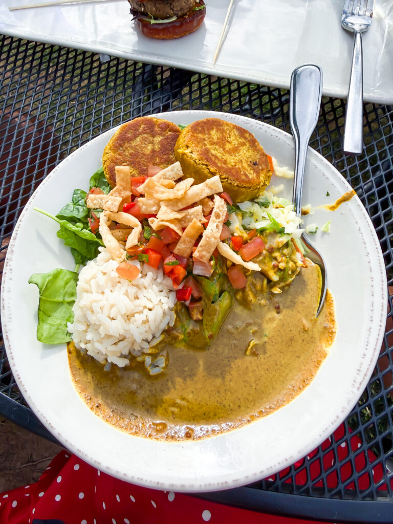 Vegan-friendly yellow curry with chickpea cakes at Wild Thyme Bistro