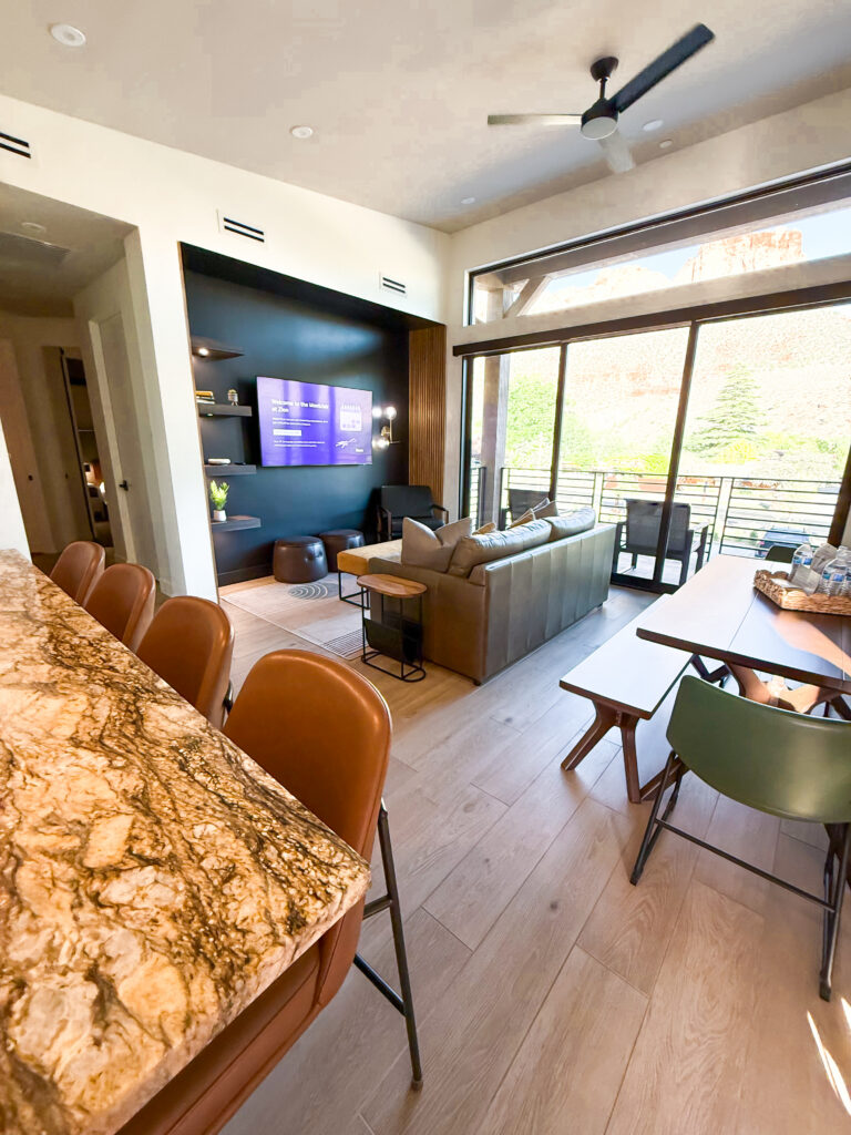 Indoor view of living room area in a 2 bed/2 bathroom villa at Montclair at Xion
